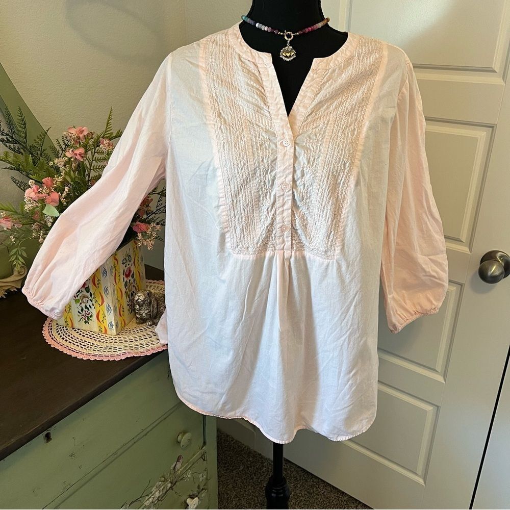 New Directions Curvy Light Pink Cotton Embroidery Blouse OX Cottage Shabby Chic
